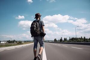 uomo nel casuale indossare autostop su ciglio della strada. avventura e turismo concetto. uomo in viaggio di auto Stop. generativo ai foto