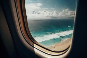 Visualizza di il spiaggia e mare il aereo finestra. viaggio e turismo concetto. generativo ai foto