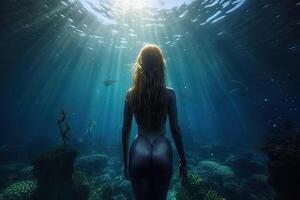 un' dalla pelle nera sirena con buio capelli galleggiante sotto il acqua. generativo ai foto