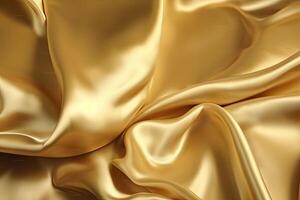 astratto d'oro liscio seta sfondo. raso elegante lusso tessuto. bellissimo morbido pieghe su il superficie di il tessuto. generativo ai foto