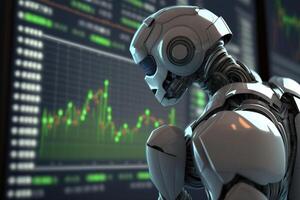 umanoide robot utilizzando artificiale intelligenza per analizzare azione mercato commercio dati. generativo ai foto
