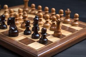il classico tavola intellettuale gioco di scacchi. gioco posizioni. di legno figure. ai generato. foto