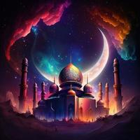 Ramadan speciale moschea colorato cielo illuminazione effetto sfondo ai generato foto