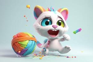3d gattino giocando un' filato palla con colori spruzzata. generativo ai foto