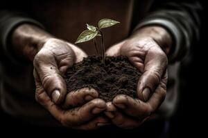 mani Tenere nuovo pianta nel suolo, iconico, uso di prezioso materiali, terra giorno concetto. generativo ai foto