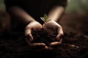 mani Tenere nuovo pianta nel suolo, iconico, uso di prezioso materiali, terra giorno concetto. generativo ai foto