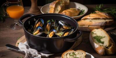 mare cozze con aglio crostini e erbe aromatiche generativo ai foto