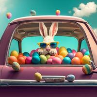 carino Pasqua coniglietto con occhiali da sole guardare su di un' auto archiviato con Pasqua uova, ai generativo foto
