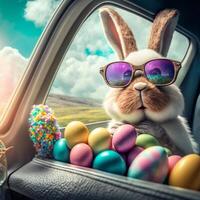 carino Pasqua coniglietto con occhiali da sole guardare su di un' auto archiviato con Pasqua uova, ai generativo foto