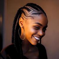 giovane di carnagione scura sorridente africano ragazza, con trecce. ritratto. generativo ai foto