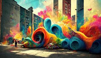 meraviglioso colorato graffiti su urbano parete come strada arte concetto illustrazione. generativo ai foto