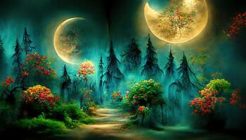 foresta nel silhouette con stellato notte cielo e pieno Luna ,Halloween sfondo. spaventoso foresta con pieno Luna. generativo ai foto