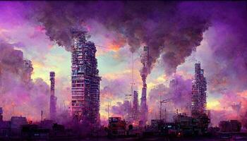 meraviglioso 3d arte, distopico cyberpunk città con Fumo e viola cielo. generativo ai foto