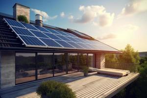 fotorealistico solare pannelli installato su il tetto di un' moderno Casa, sottolineando il uso di alternativa energia per un' sostenibile futuro. foto