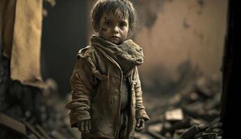senza casa bambini di guerra vittime, piccolo bambini con triste espressioni, generativo ai foto