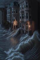 pittura di un' città di il oceano a notte. generativo ai. foto