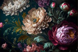 mano dipinto fiori come un' lussureggiante modello olio dipinto foto. generativo ai foto