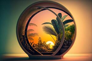 tropicale impianti nel un' curvo finestra con un' pendenza sole. generativo ai foto