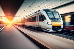 ferrovia stazione con moderno pendolare treno a sole. generativo ai foto