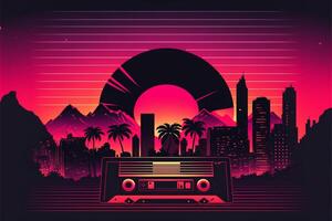 retrò futuristico synthwave retrowave styled notte città. generativo ai foto