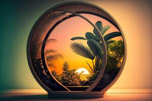 tropicale impianti nel un' curvo finestra con un' pendenza sole. generativo ai foto