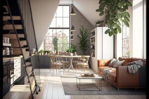 nuovo moderno scandinavo soffitta appartamento. generativo ai foto