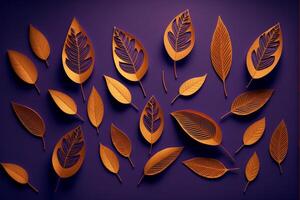 modello di asciutto arancia metallico le foglie su rosa viola sfondo. generativo ai foto