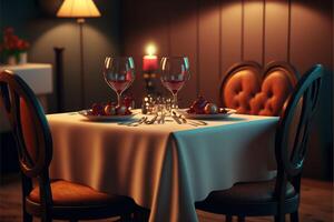 romantico ristorante tavolo pronto per un' cena Data idea. generativo ai foto