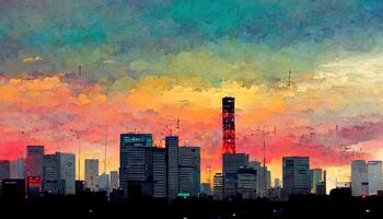 paesaggio urbano a tramonto nel tokyo, Giappone. generativo ai foto