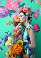 ai generato donna con fiori, primavera concetto foto