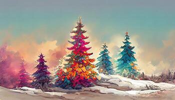 colorato decorato Natale alberi nel inverno paesaggio come romantico natale illustrazione. generativo ai foto