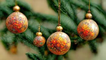 Natale palline abete ramoscelli nastri caramelle stelle luci e caduta neve illustrazione. generativo ai foto