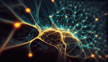 generativo ai, concettuale illustrazione di neurone cellule con raggiante collegamento nodi nel astratto buio spazio, alto risoluzione. umano nervoso sistema, neurale Rete foto