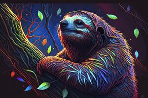 bradipo nel neon colori. generativo ai. foto