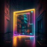 neon telaio in piedi nel il mezzo di un' strada. il strada è vuoto. il neon telaio si illumina nel luminosa, grassetto colori, futuristico estetica nel vaporwave style.ai generato foto