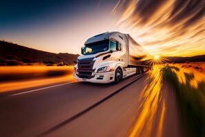 nolo trasporto camion su il strada a tramonto, generativo ai foto