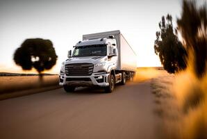 nolo trasporto camion su il strada a tramonto, generativo ai foto