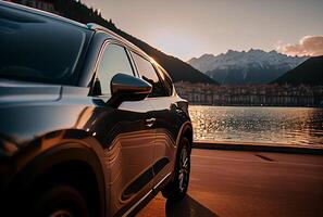 elettrico suv macchine parcheggiata nel il costiero strada con il mare nel il sfondo. generativo ai foto