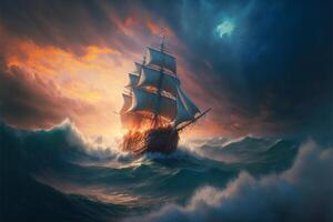 pittura di un' nave nel un' grande corpo di acqua. generativo ai. foto
