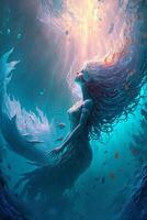 pittura di un' sirena nuoto nel il oceano. generativo ai. foto
