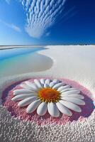 grande bianca fiore seduta su superiore di un' sabbioso spiaggia. generativo ai foto