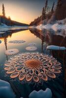 grande fiocco di neve seduta nel il mezzo di un' lago. generativo ai. foto