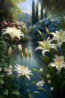 bellissimo giardino di Eden pieno di bianca gigli. generativo ai. foto