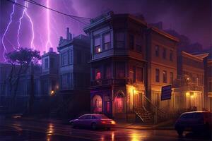 città strada a notte con fulmine nel il cielo. generativo ai. foto