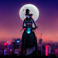donna in piedi su superiore di un' edificio con un' pieno Luna nel il sfondo. generativo ai. foto