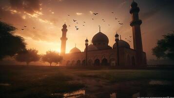 ai generativo moschee cupola silhouette su buio oro crepuscolo cielo nel notte con mezzaluna Luna su tramonto. arabo, eid al-adha, mubarak musulmano concetto foto