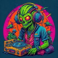 alieno dj personaggio nel esterno spazio. carino verde extraterrestre umanoide con futuristico vinile disco giradischi. elettronico musica Festival concetto. comico stile vettore illustrazione. foto