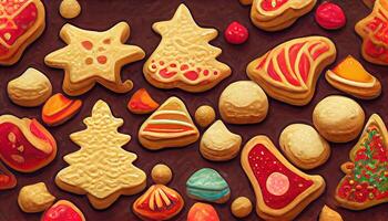molte di Natale biscotti come senza soluzione di continuità modello sfondo, dettagliato, colorato. generativo ai foto
