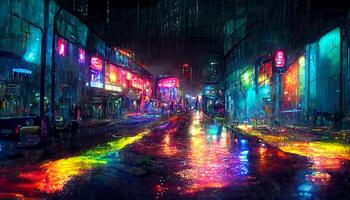 sorprendente bagnato strada nel piovoso strada nel futuro cyberpunk città con neon luci. generativo ai foto