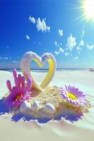 cuore sagomato oggetto seduta su superiore di un' sabbioso spiaggia. generativo ai. foto